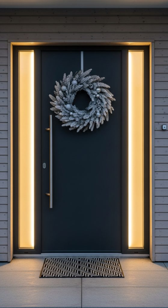 White wreath on a modern front door with LED light strips illuminating the door