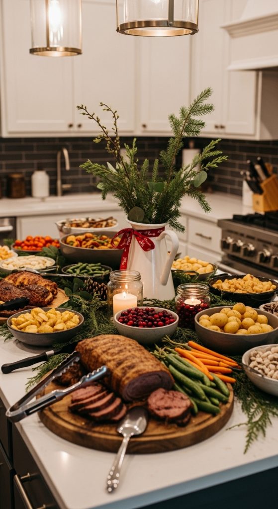 Christmas Buffet On A Kitchen Island decorations in white ceramic jug 
