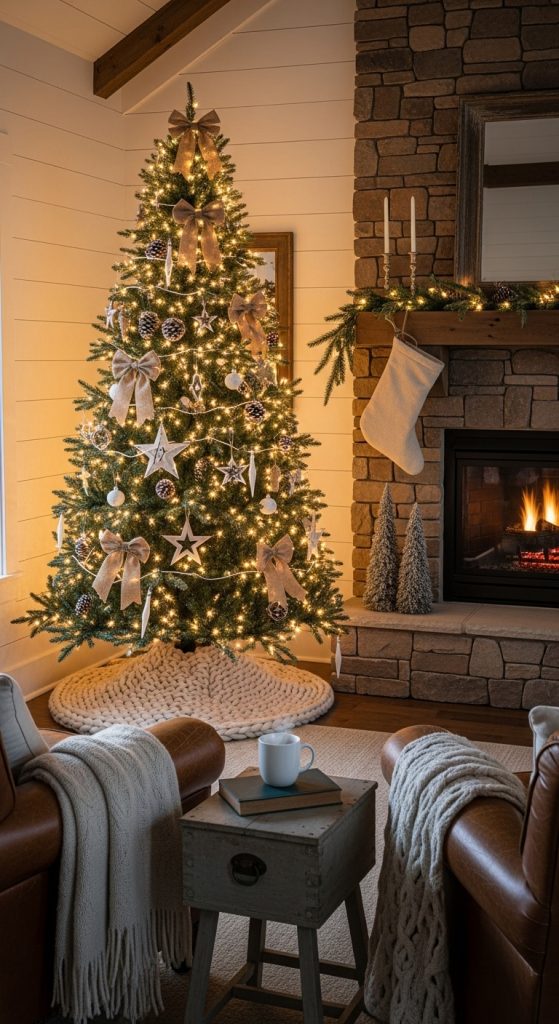 cute farmhouse style christmas tree with white knit tree base next to stone fireplace