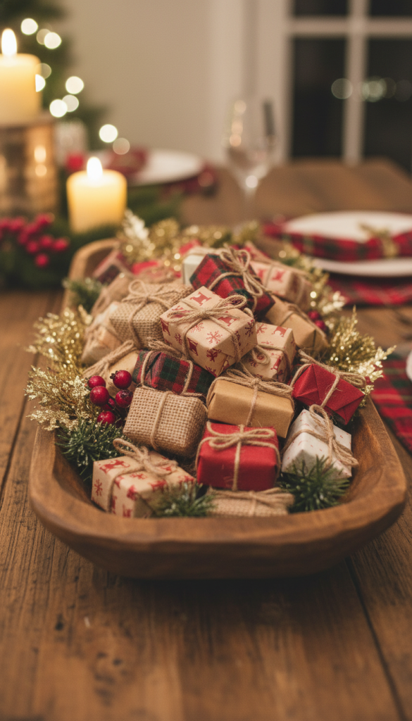 small wrapped presents tied in twine in a wooden dough bowl on a dining room table