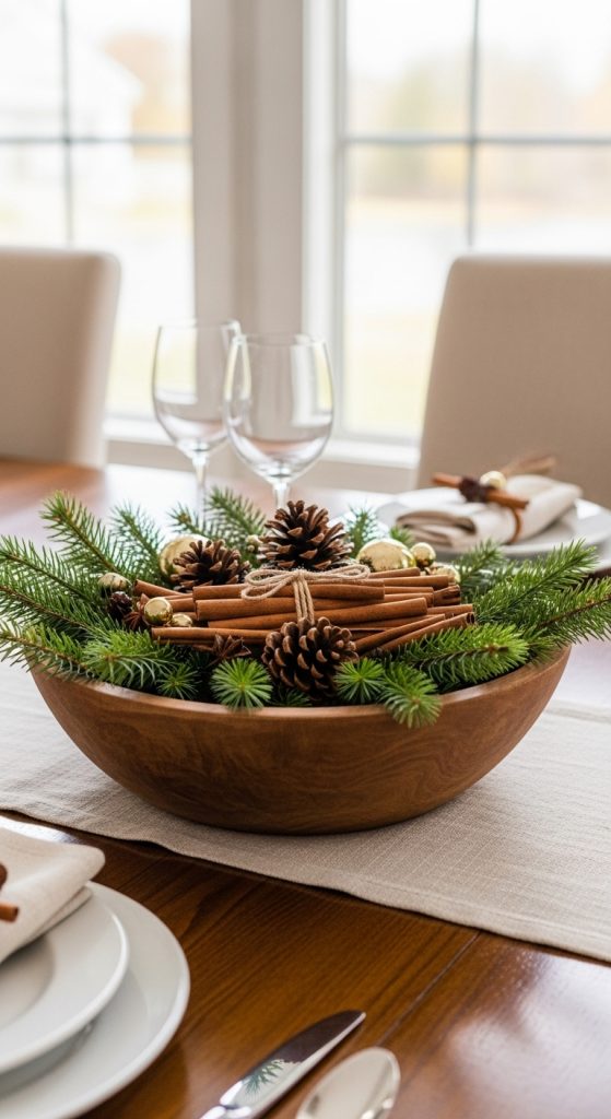 greenery, cinnamon sticks and pinecones in a round dough bowl on kitchen table 