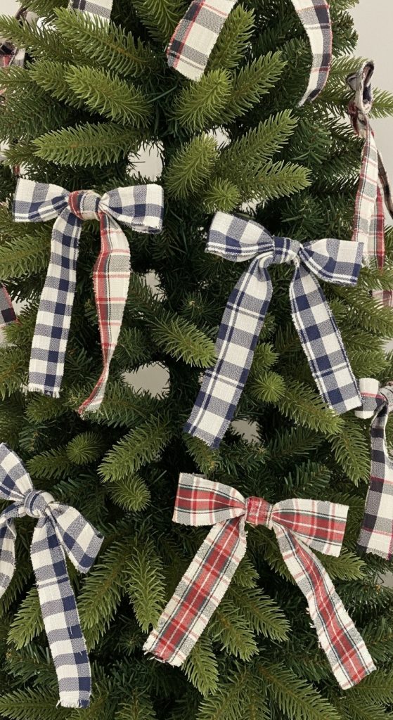 Christmas tree farmhouse decor with plaid bows 
