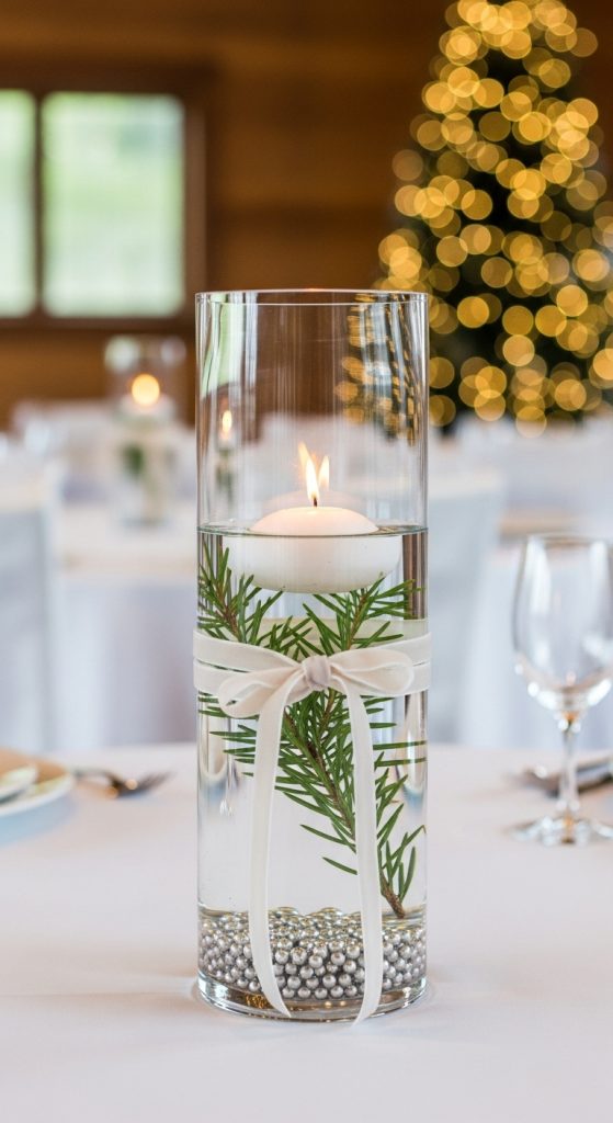 Tall glass with sprig of greenery, mini silver balls and floating candles