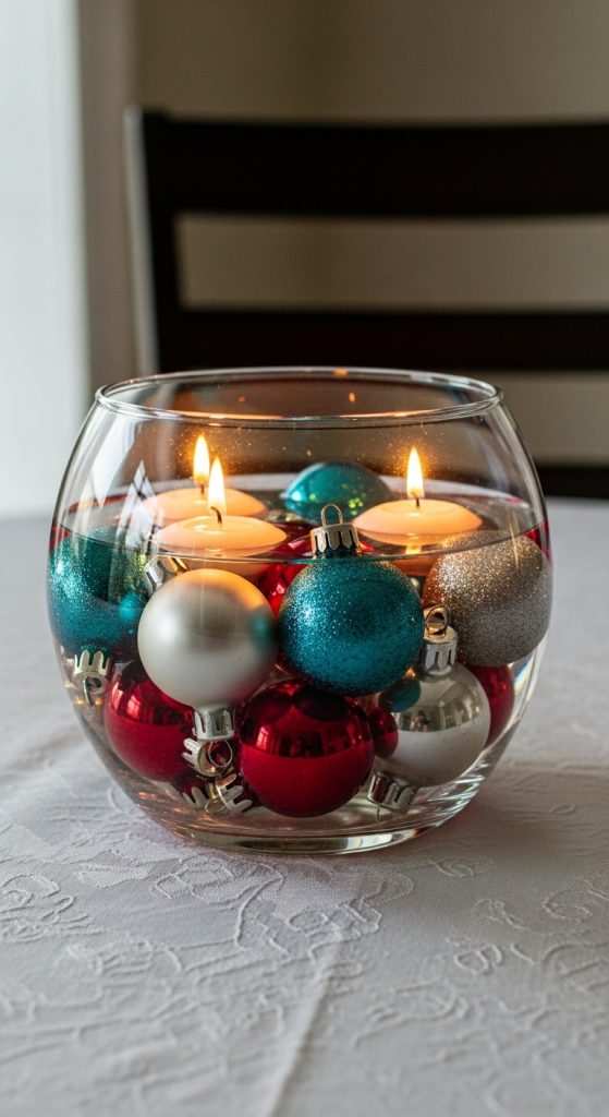 different color ornaments in a punch bowl Christmas Floating Candle Centerpieces