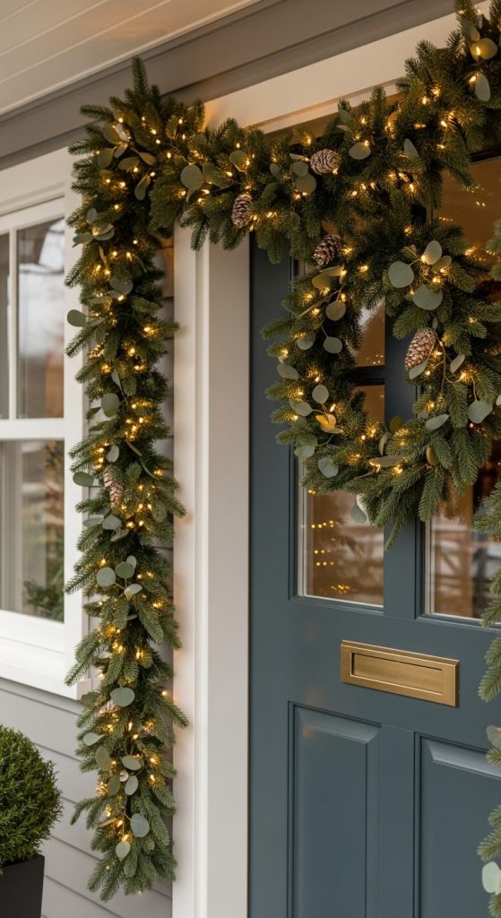 simple front porch christmas decor with evergreen garland full of pinecones and fairy lights framing front porch