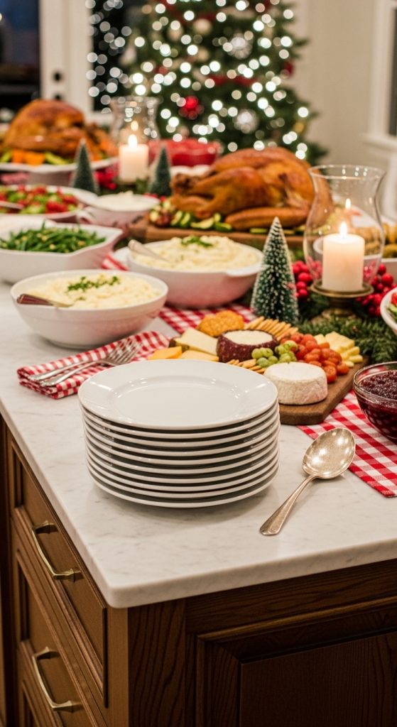 stacked plates on the corner of a kitchen island
