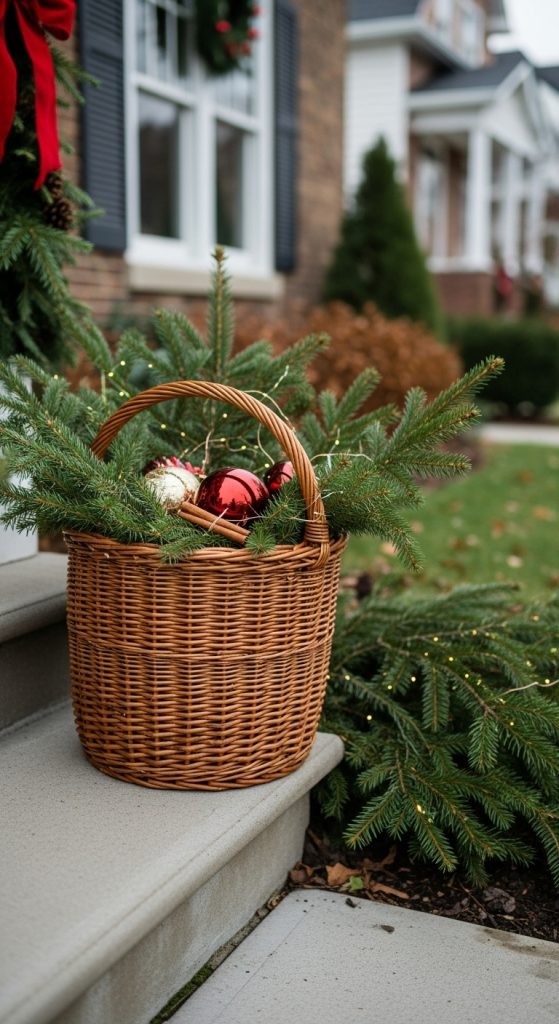 Budget Christmas Outdoor Yard Decoration idea with wicker basket full of sprigs and ornaments