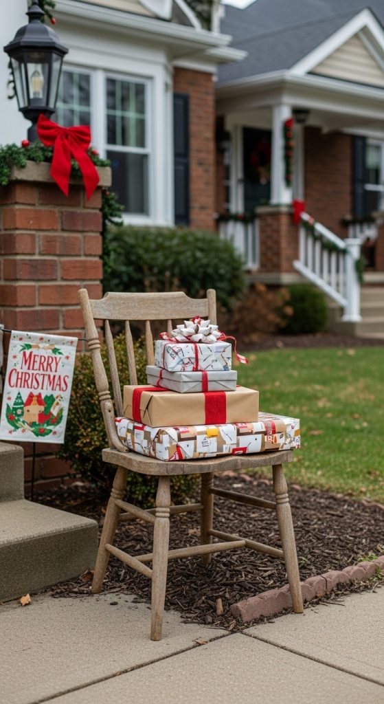 old wooden chair with presents on top in front yard