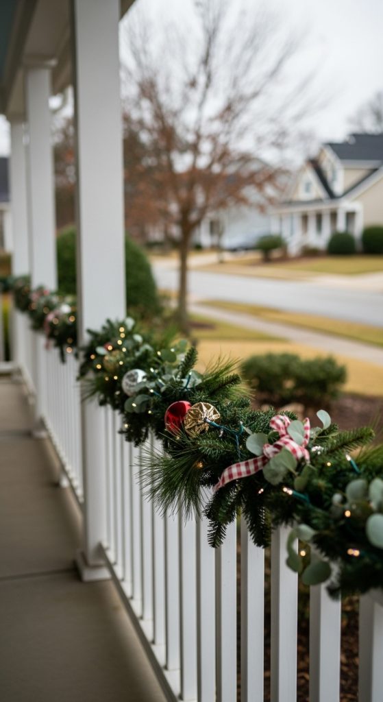 green garland stuck to the top of a porch rail for christmas Budget Christmas Outdoor Yard Decoration