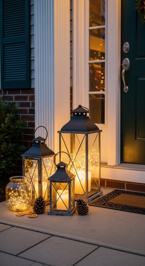 Mismatched Lanterns at the front of a house with fairy lights and pinecones Budget Christmas Outdoor Yard Decoration