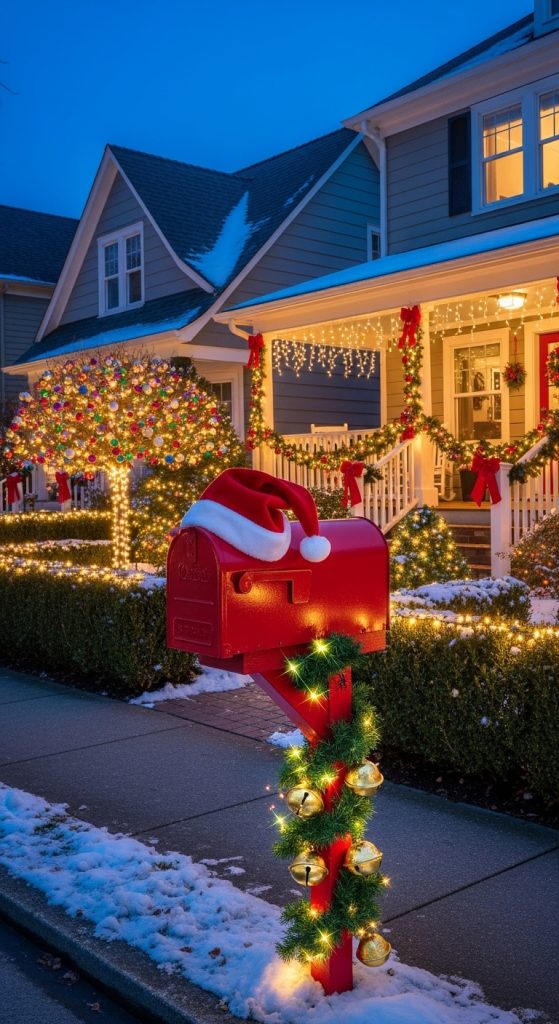 red letter box with santa hat and garland decor