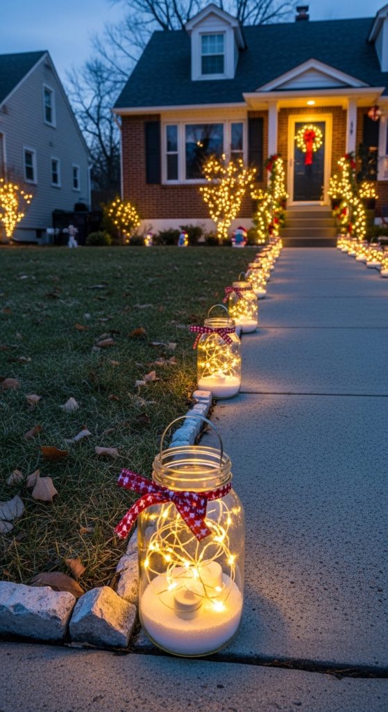 mason jars with battery tealights Budget Christmas Outdoor Yard Decoration