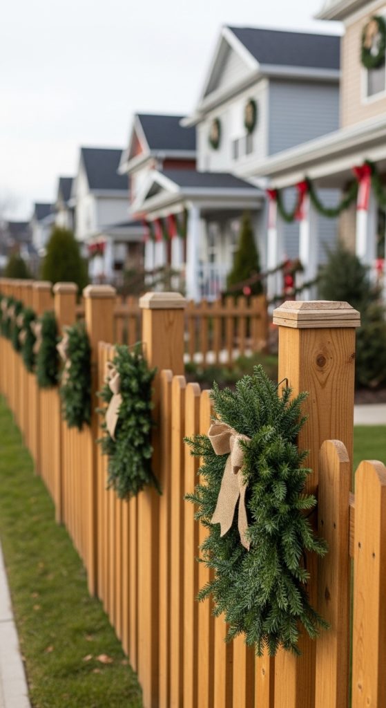 mini green wreaths with burlap bows on the fence in front yard
