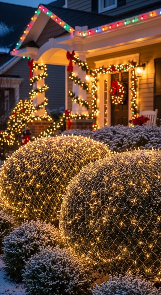 light nets put over bushes in the front yard of a house