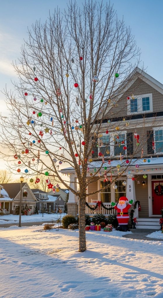 tree in front yard decorated with old christmas ornaments