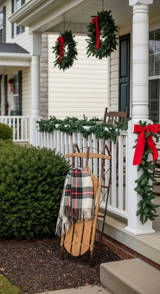old sleigh with plaid blanket in front yard as rustic christmas decor