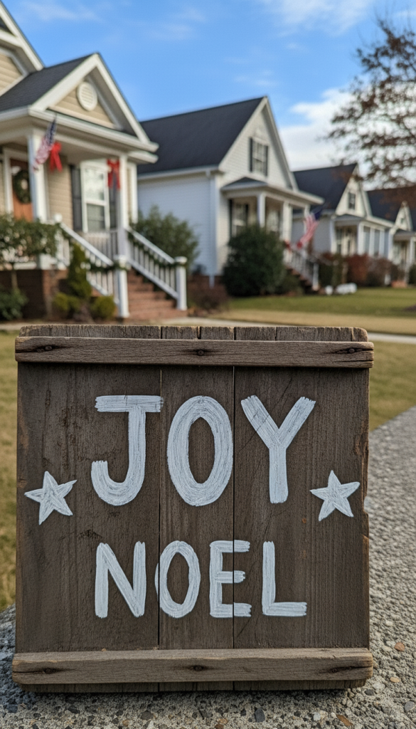 Budget Christmas Outdoor Yard Decoration idea of an old pallet painted in white paint JOY NOEL