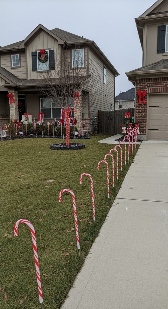 Plastic candy canes stuck into the ground in front yard