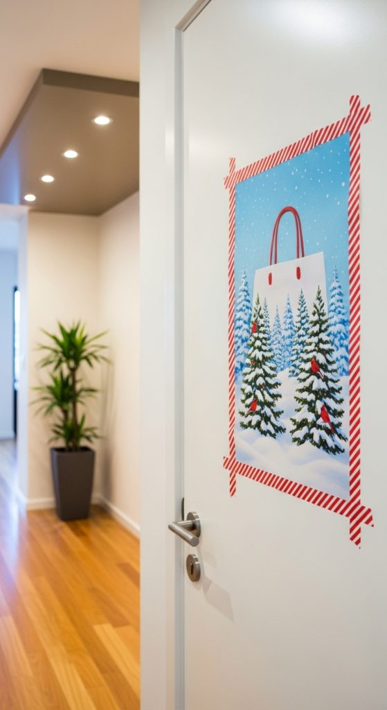 Old Christmas bag repurposed to become Christmas decor for an apartment door