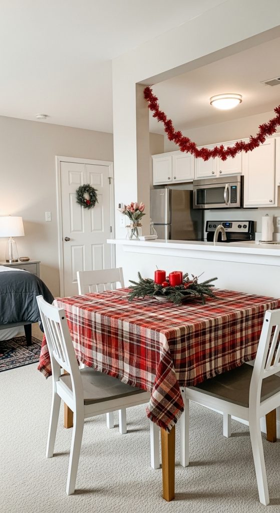 plaid kitchen table cover with a red candle centerpiece in a studio apartment 