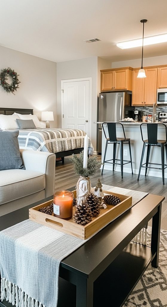 Tray with pinecones, candles and Christmas ornaments on coffee table