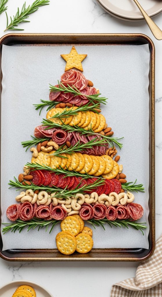 Christmas-shaped charcuterie board on a baking sheet