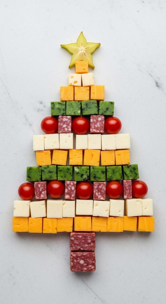 cubed cheese and meats in the shape of a christmas tree