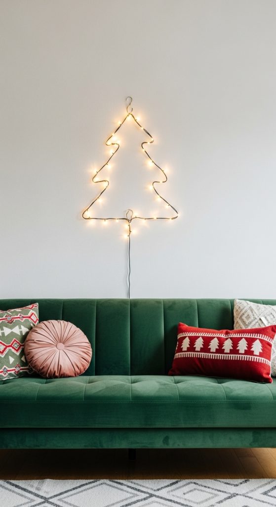 Christmas tree shaped LED light above the sofa in a modern living room