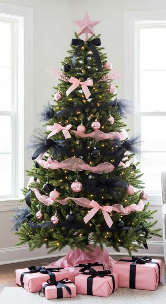 Christmas tree with black and pink tulle and pink presents with black bows