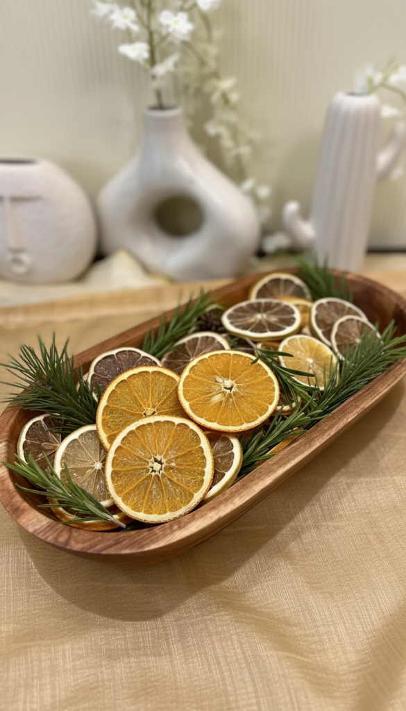 dried orange slices in dough bowl 