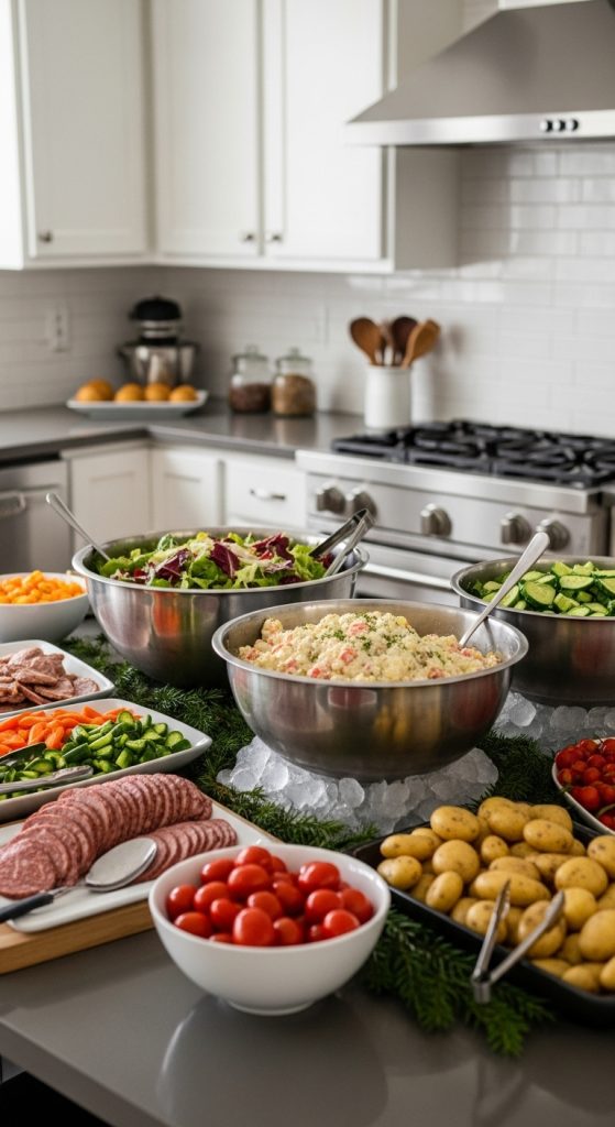 cold salads in metal bowls on ice to keep them cold in a hot kitchen 