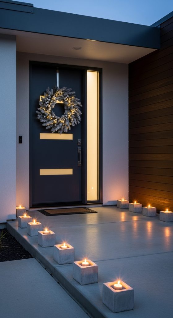 Brutalist style house with a white wreath and concrete planters on pathway