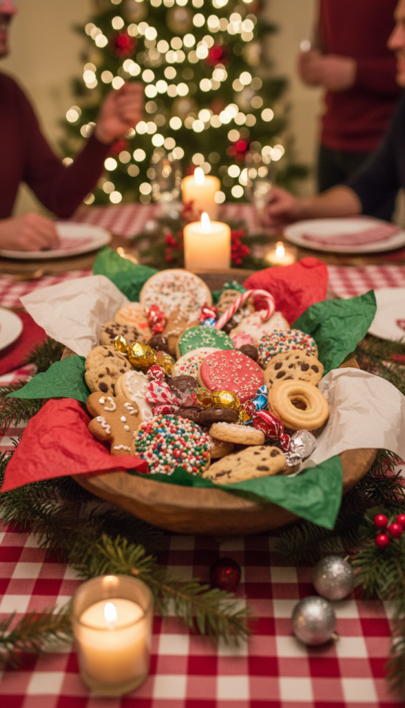 Cookies and candy in a dough bowl in a wooden bowl on christmas table 