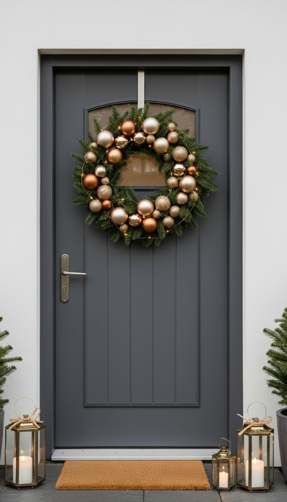 Green wreath on grey door with copper and metallic ornaments and lanterns decorated for christmas