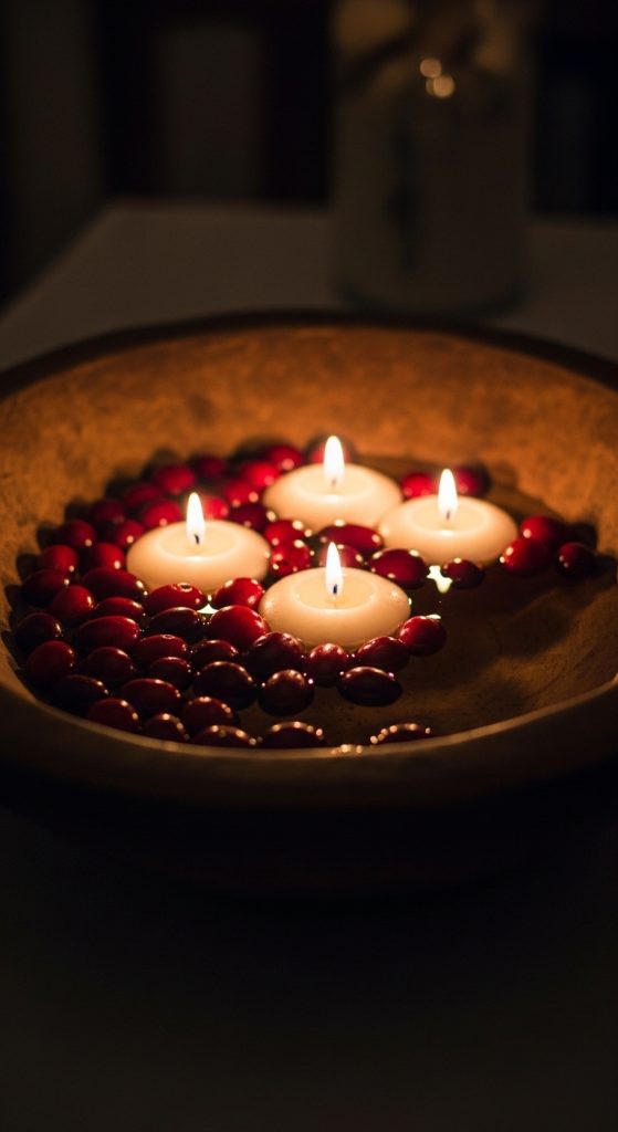 floating candles, cranberries in a dough bowl on the dining room table 