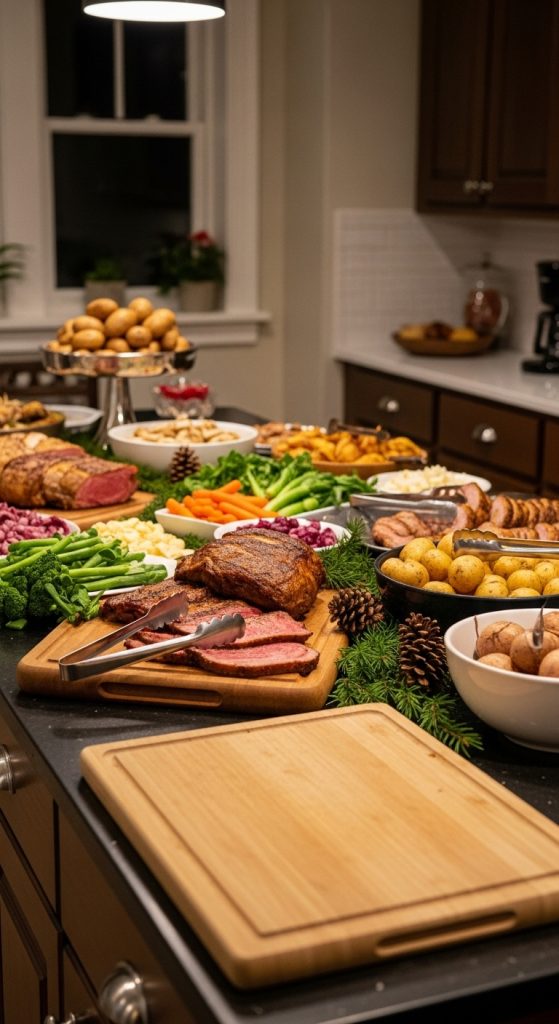 Large cutting boards used to protect kitchen island surface from hot plates