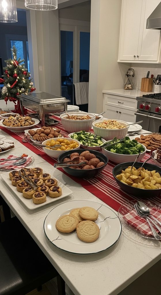 Desserts on their own section of a kitchen island buffet for Christmas