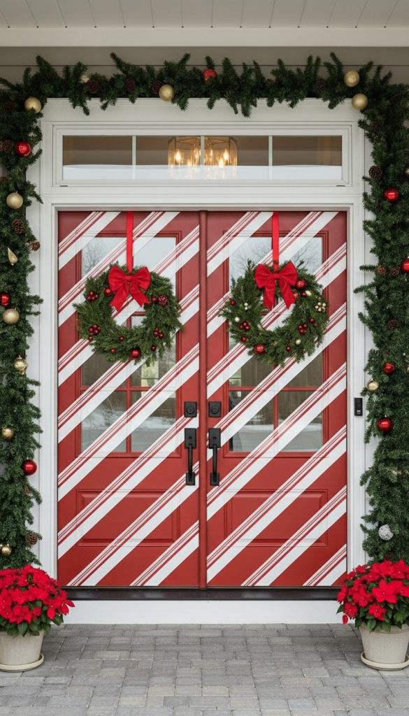 Red double doors with candy style decal for Christmas