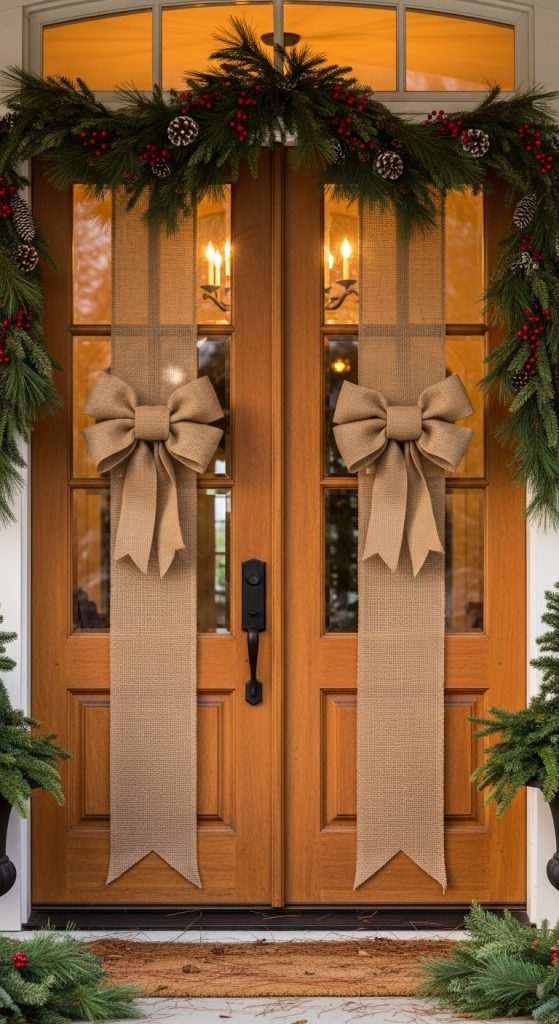 Burlap ribbons hung over the door for Christmas Decor for Double Doors