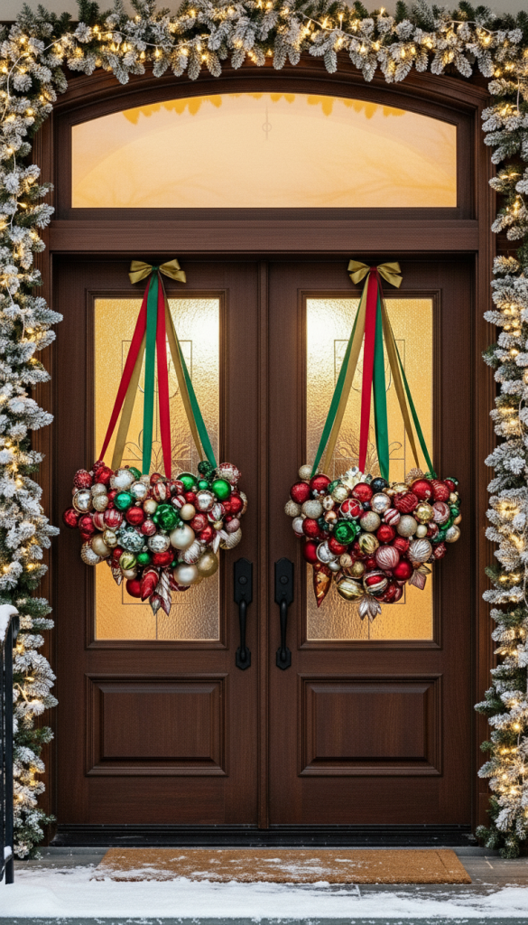 mismatched ornaments hung from ribbons on traditional double doors