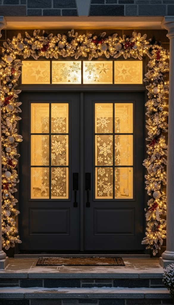 snow flake decals stuck to windows on double doors framed by garland