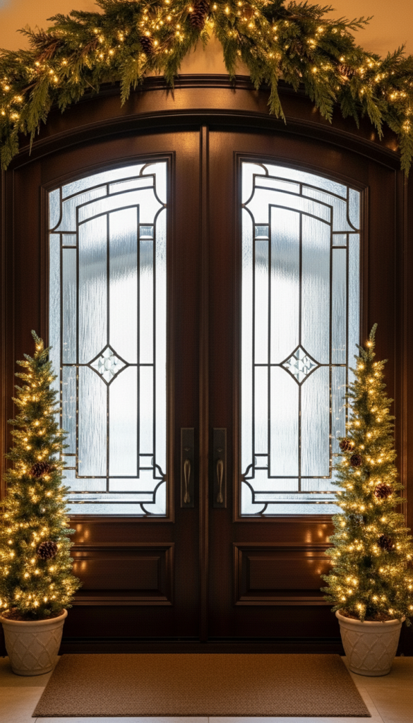 two small christmas trees on either side of double doors for christmas