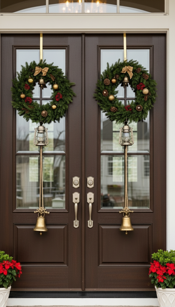 Golden bells hung over dark wooden doors with christmas wreaths Christmas Decor for Double Doors