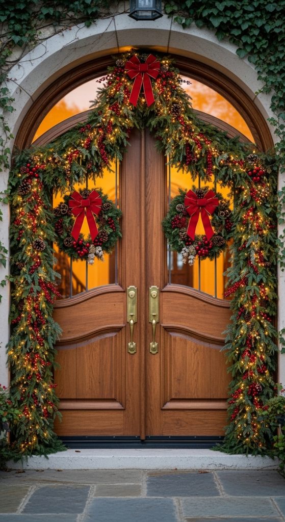 Garland hanging over traditional double doors outside with wreaths