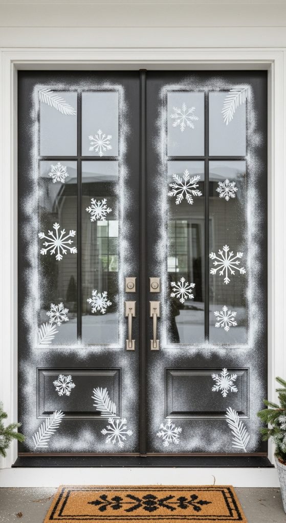 faux snow sprayed on double doors with snow stencils Christmas Decor for Double Doors