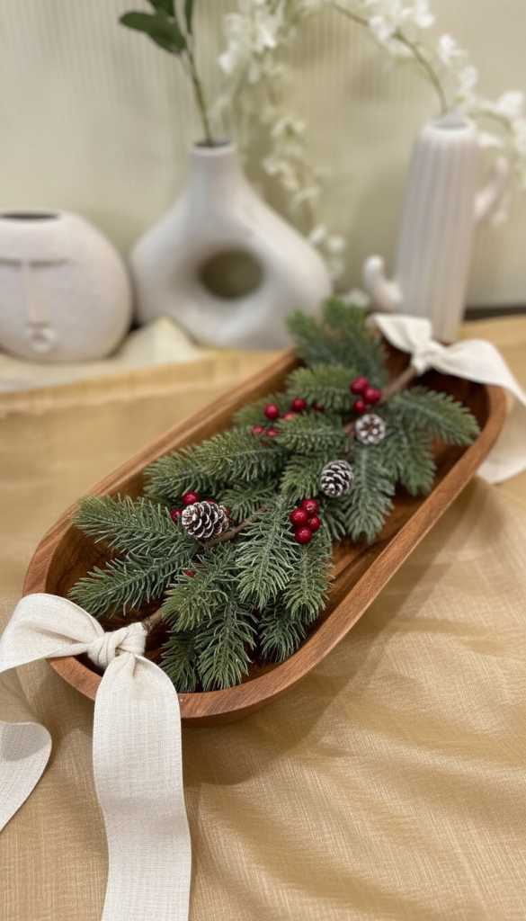 green garland with red berries and burlap ribbon in dough bowl 