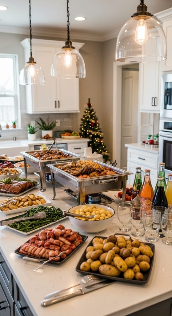 drinks in their own section on a kitchen island for christmas