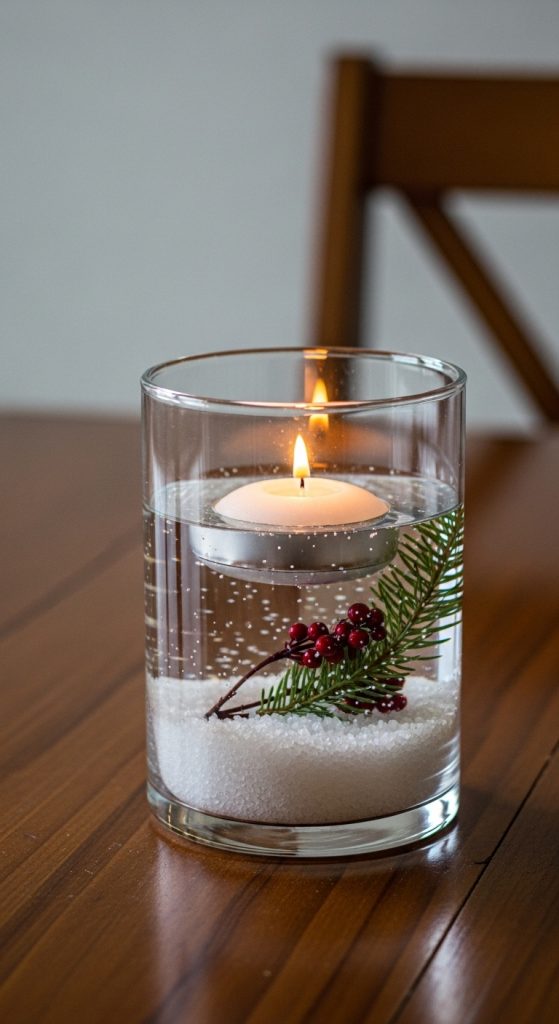 Epsom salts at the bottom of a glass with a floating candle and sprig of greenery 