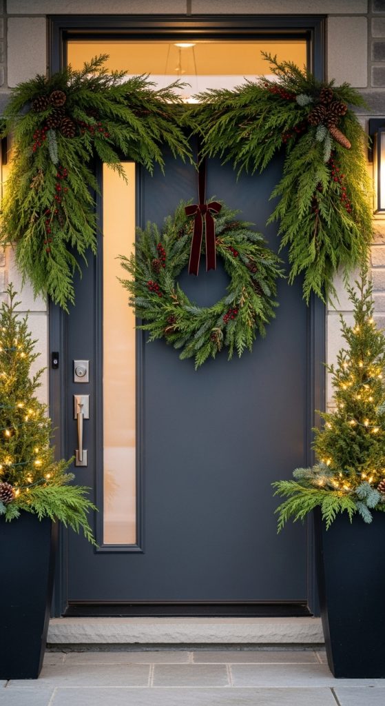 modern front door christmas decor ideas with evergreen wreath corners on the door