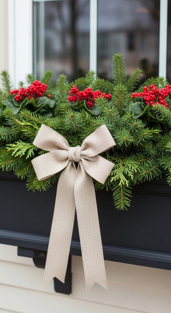 evergreen with red berries and beige bow in black planter